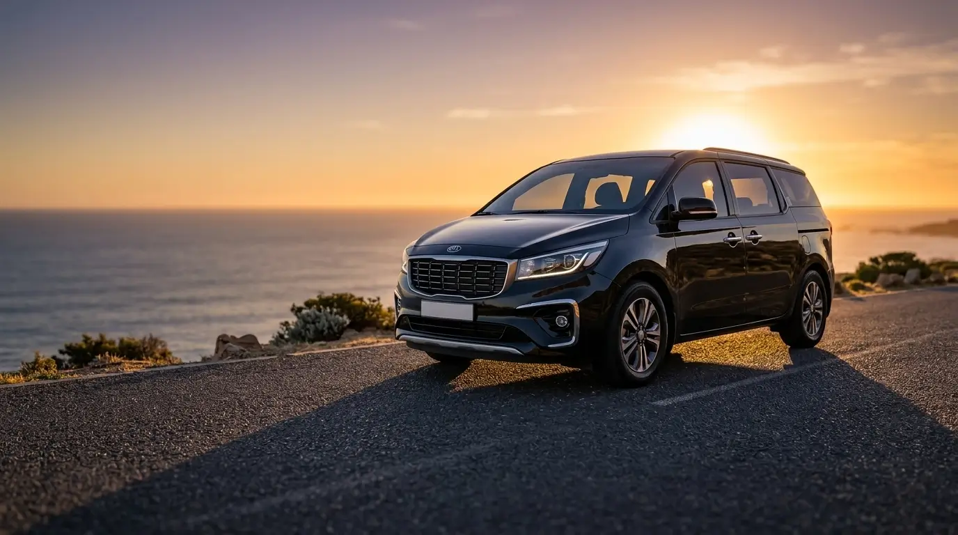 Van noir avec chauffeur privé au bord de l'océan, au coucher du soleil